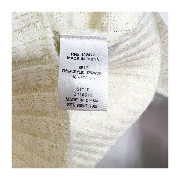 NSR Mock Neck Sweater Large Long Sleeve Cream Gold Sparkle Thread CT10514 New - Picture 5 of 8